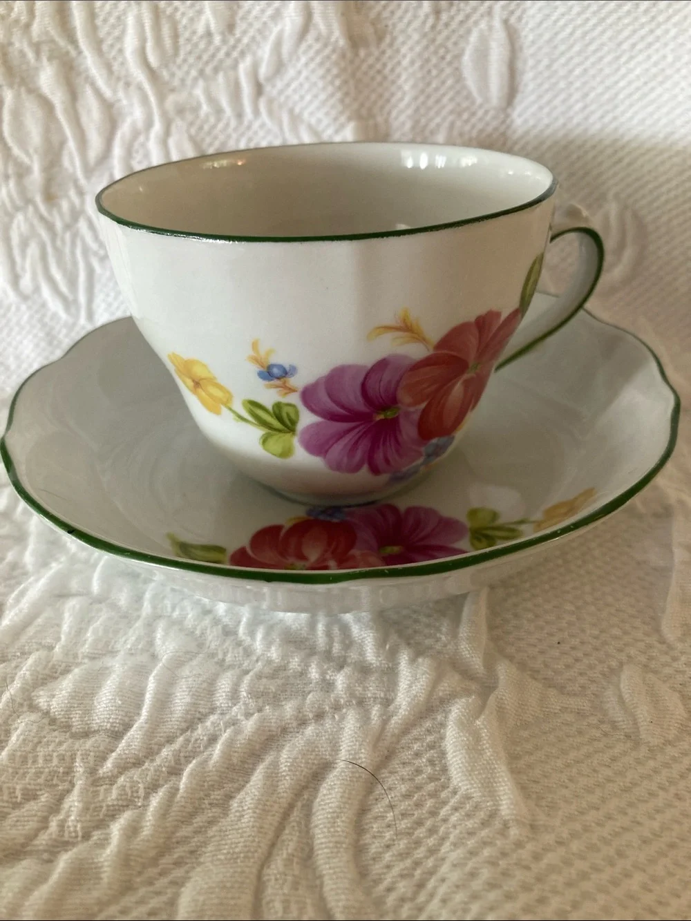 Porcelain Teacup and Saucer Set in White with Pink and Green Floral Trim
